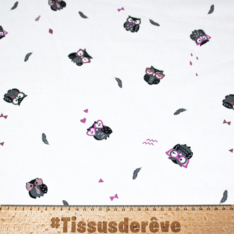 Piqué 100% coton milleraies - Hibou lunette rose