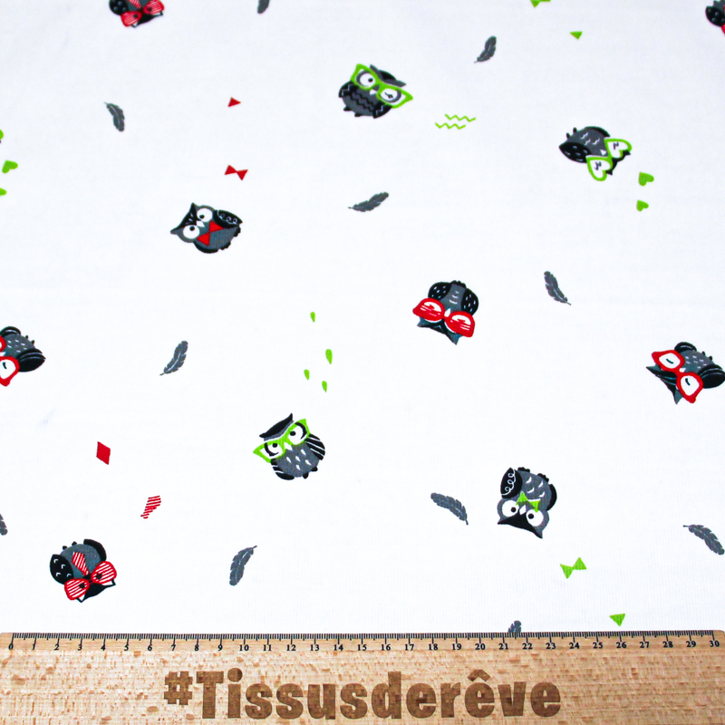 Piqué 100% coton milleraies - Hibou lunette rouge & vert