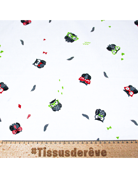 Piqué 100% coton milleraies - Hibou lunette rouge & vert
