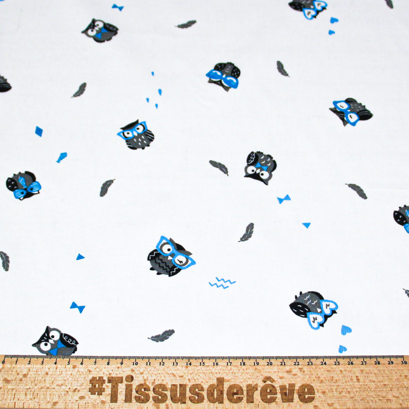 Piqué 100% coton milleraies - Hibou lunette bleu