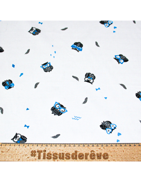 Piqué 100% coton milleraies - Hibou lunette bleu