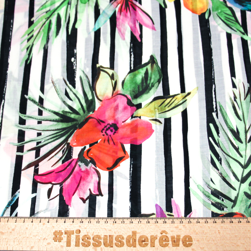 Voile 100% coton - Fleur tropical fond rayé