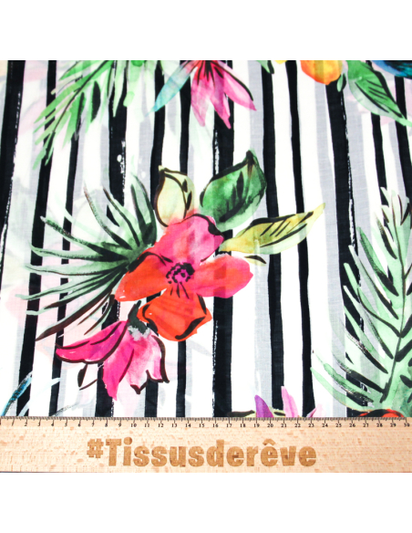 Voile 100% coton - Fleur tropical fond rayé