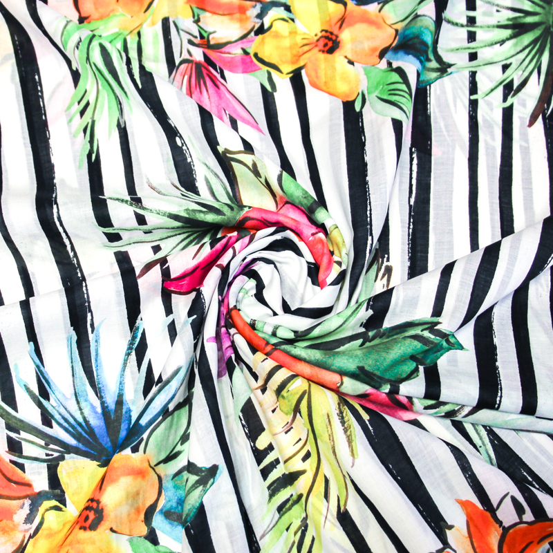 Voile 100% coton - Fleur tropical fond rayé