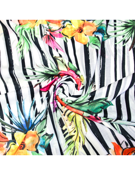 Voile 100% coton - Fleur tropical fond rayé