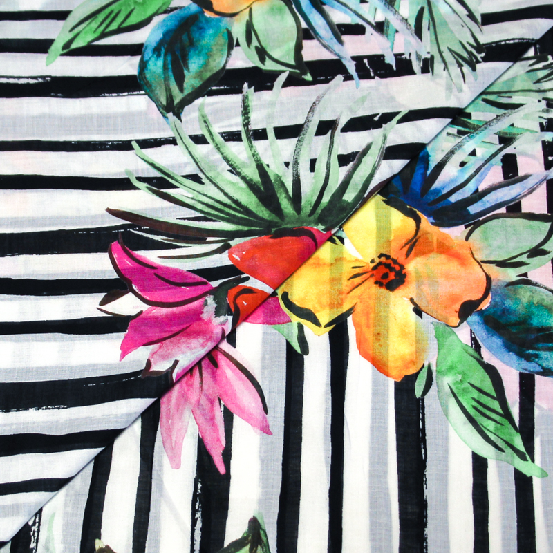 Voile 100% coton - Fleur tropical fond rayé