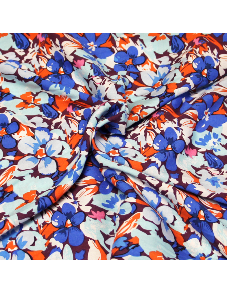Étoffe 100% viscose - Fleuri ton bleu fond violet