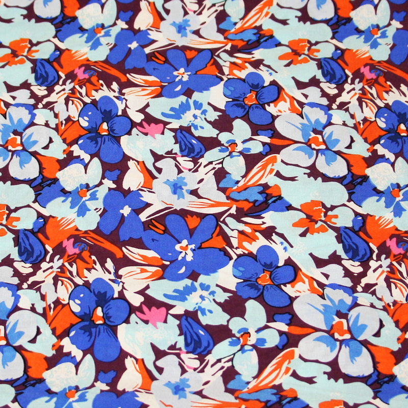 Étoffe 100% viscose - Fleuri ton bleu fond violet