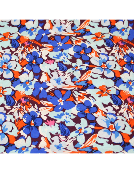 Étoffe 100% viscose - Fleuri ton bleu fond violet