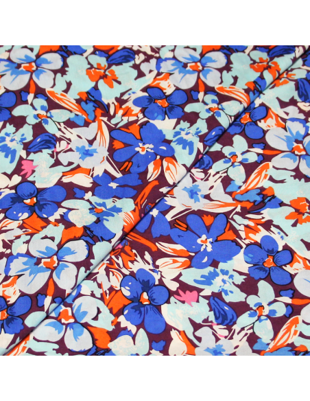 Étoffe 100% viscose - Fleuri ton bleu fond violet