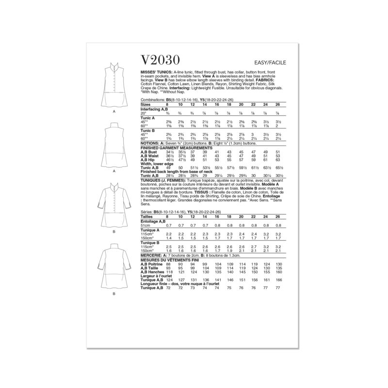 Patron Vogue 2030 B5 - Tunique trapèze