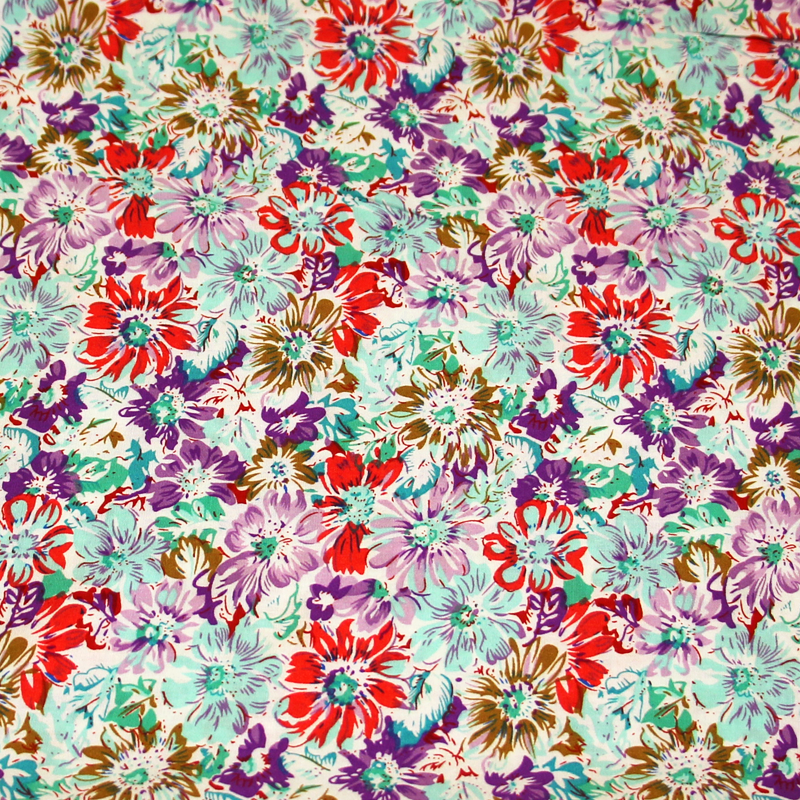 Étoffe 100% viscose - Fleuri turquoise, violet & rouge