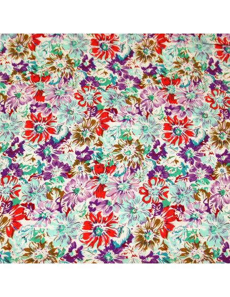 Étoffe 100% viscose - Fleuri turquoise, violet & rouge