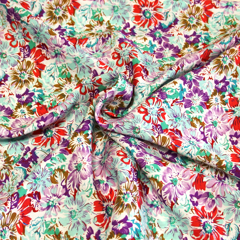 Étoffe 100% viscose - Fleuri turquoise, violet & rouge
