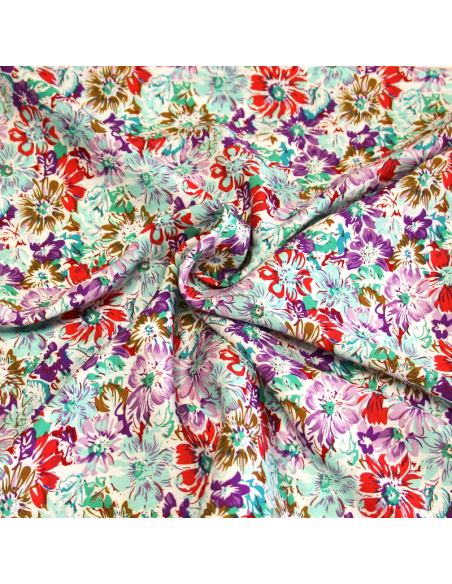 Étoffe 100% viscose - Fleuri turquoise, violet & rouge
