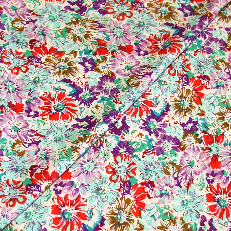 Étoffe 100% viscose - Fleuri turquoise, violet & rouge