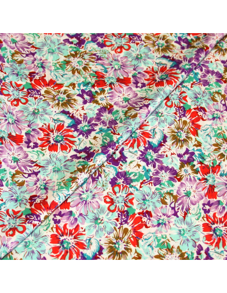 Étoffe 100% viscose - Fleuri turquoise, violet & rouge