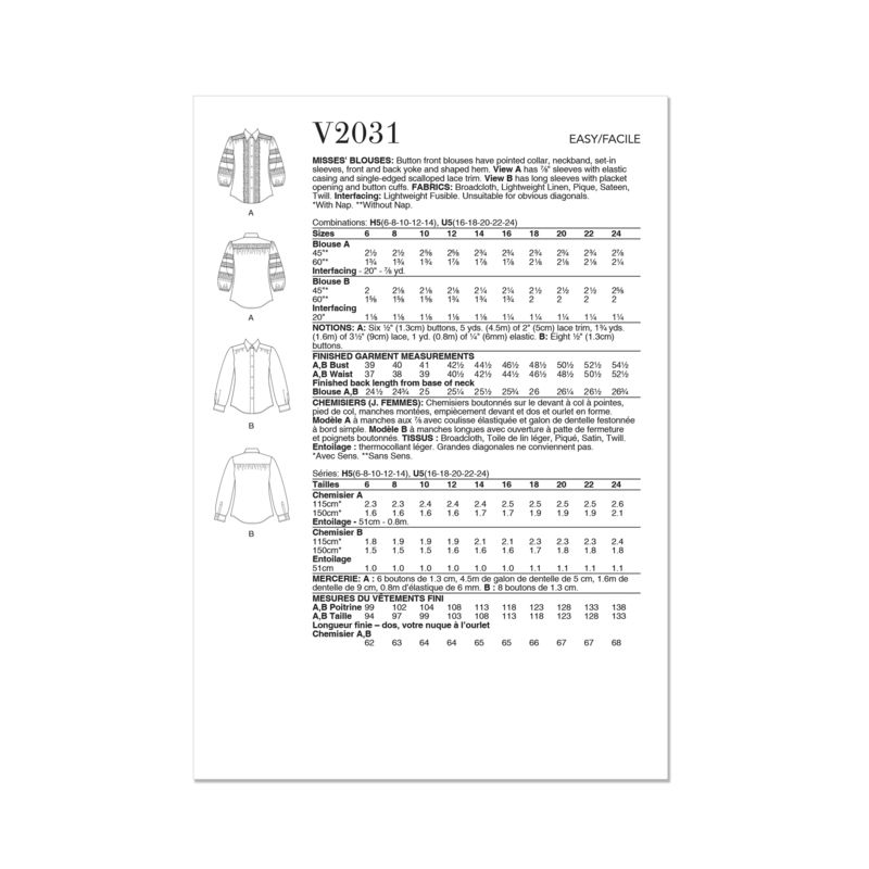 Patron Vogue 2031 H5 - Chemisiers