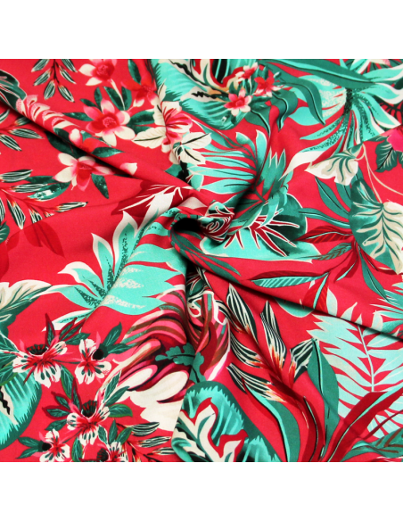 Étoffe 100% viscose - Feuillage tropical vert fond rose
