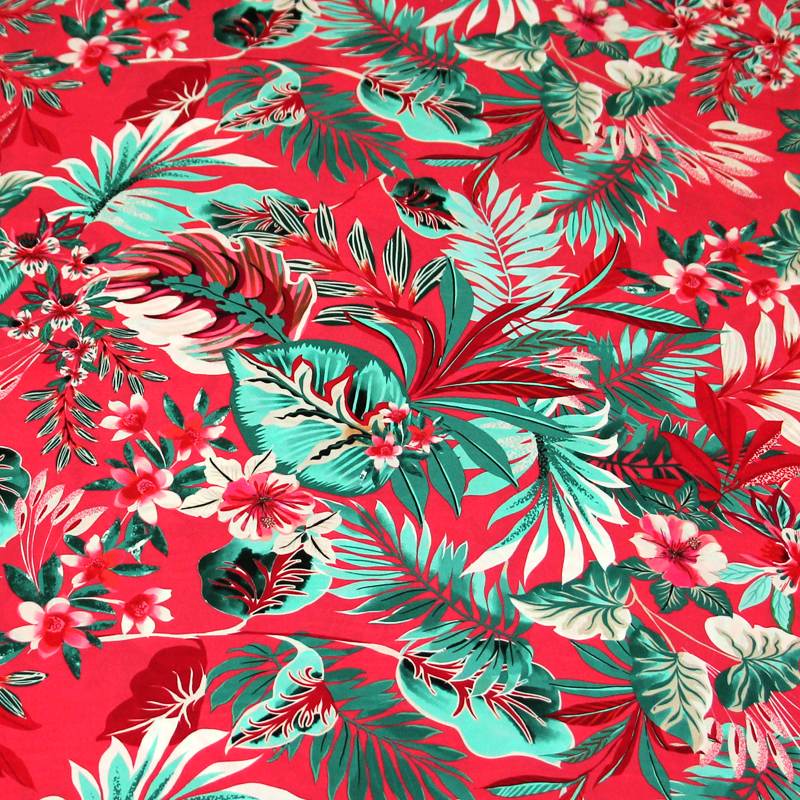 Étoffe 100% viscose - Feuillage tropical vert fond rose