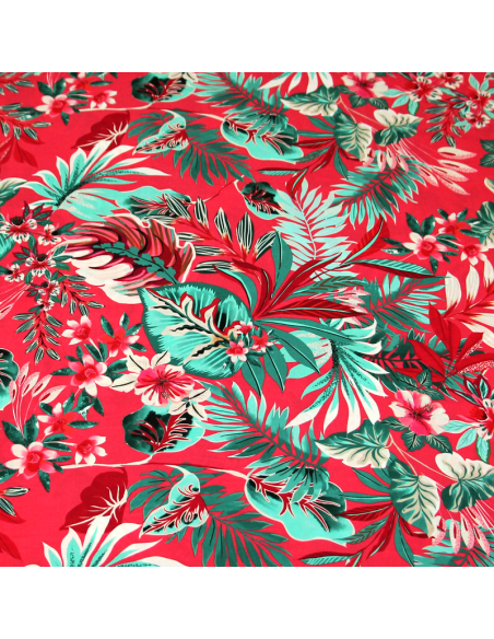 Étoffe 100% viscose - Feuillage tropical vert fond rose
