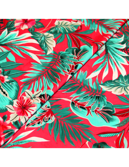 Étoffe 100% viscose - Feuillage tropical vert fond rose