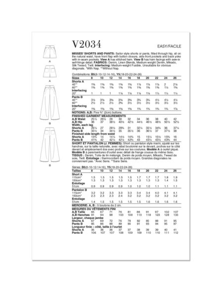 Patron Vogue 2034 B5 - Short ou pantalon style marin