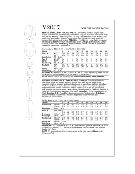 Patron Vogue 2037 B5 - Chemise, crop top et pantalon