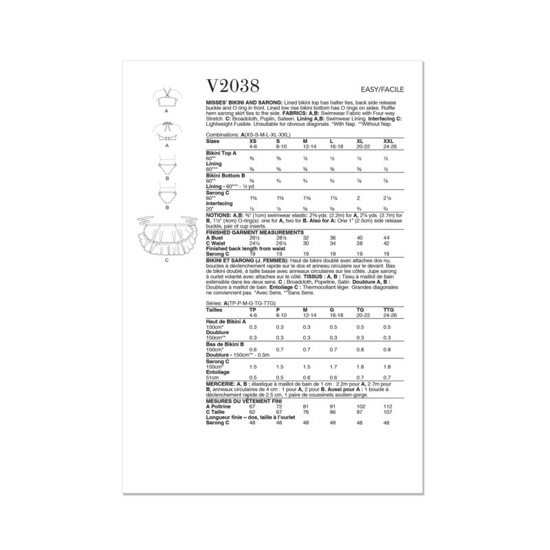 Patron Vogue 2038 A - Bikini et paréo