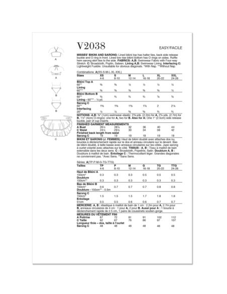 Patron Vogue 2038 A - Bikini et paréo