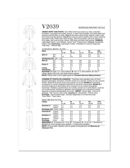 Patron Vogue 2039 A - Chemise et pantalon unisexes