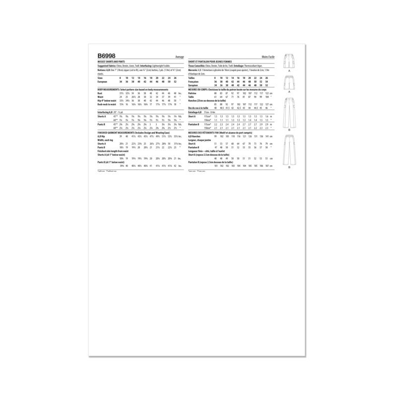Patron Butterick 6998/K5 - Short ou pantalon