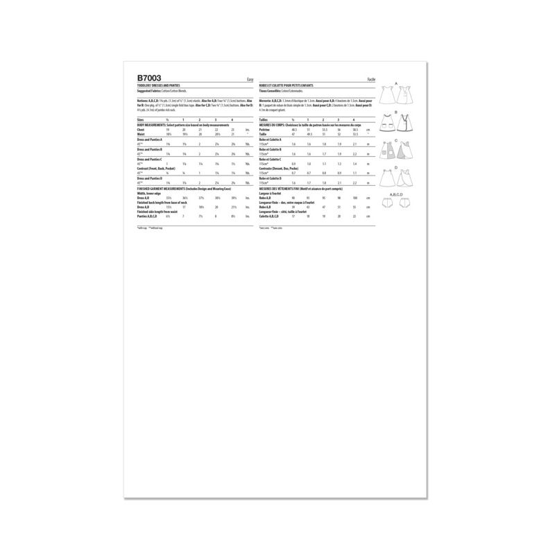 Patron Butterick 7003/A - Robes et culottes pour tout-petits