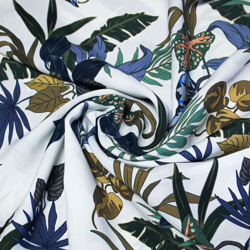 Étoffe 100% viscose - Feuille bleu fond blanc