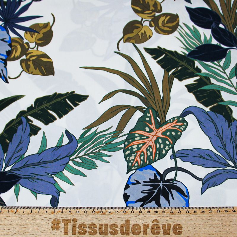 Étoffe 100% viscose - Feuille bleu fond blanc