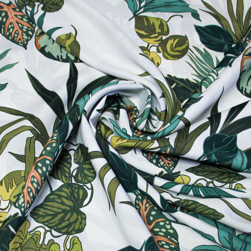 Étoffe 100% viscose - Feuille vert fond blanc