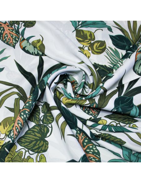 Étoffe 100% viscose - Feuille vert fond blanc