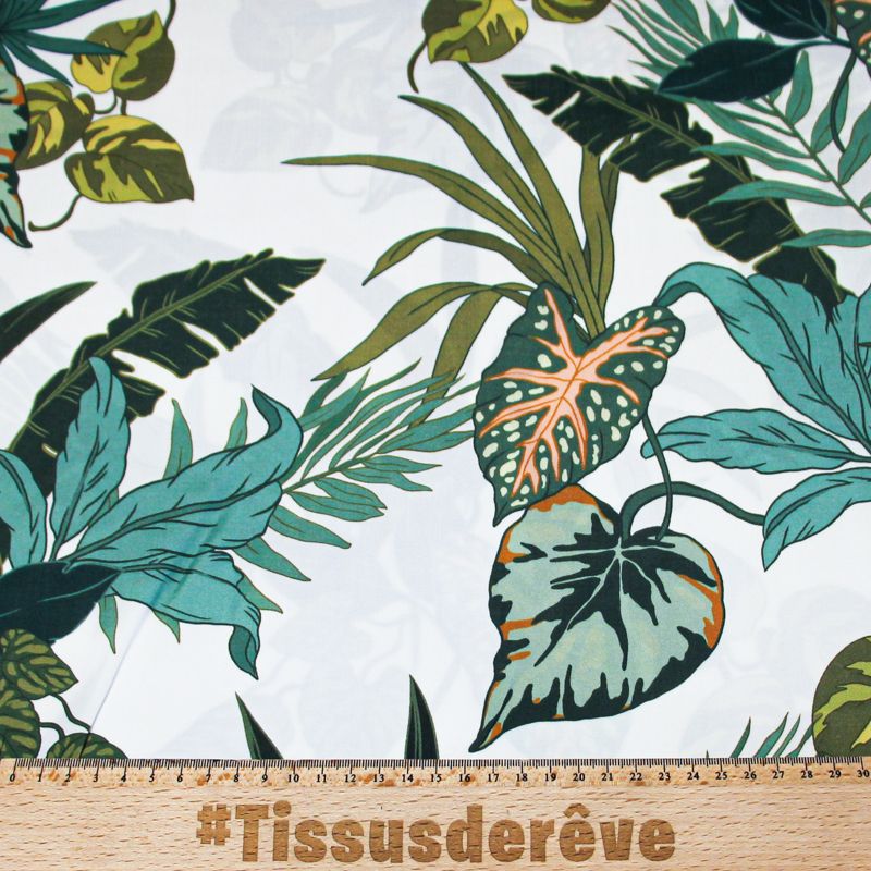 Étoffe 100% viscose - Feuille vert fond blanc