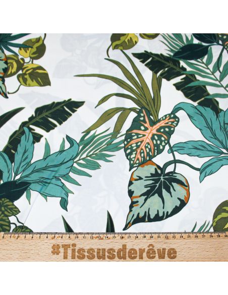 Étoffe 100% viscose - Feuille vert fond blanc