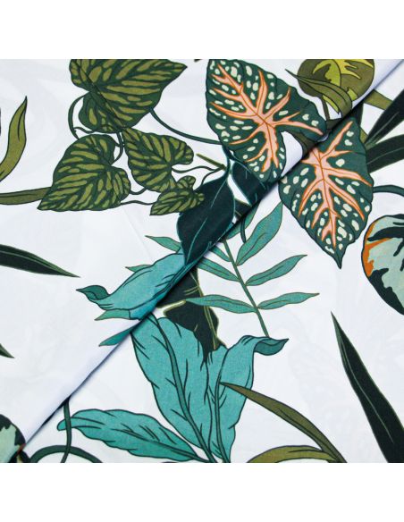 Étoffe 100% viscose - Feuille vert fond blanc