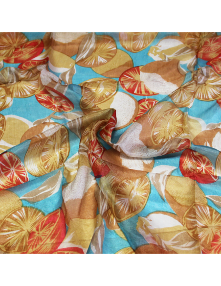 Paréo 100% soie - Agrume fond bleu