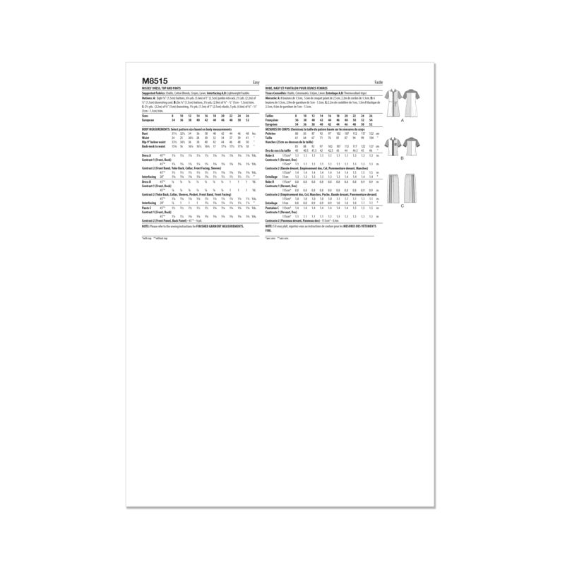 Patron McCall's 8515.K5 - Robe Chemisier, top et pantalon