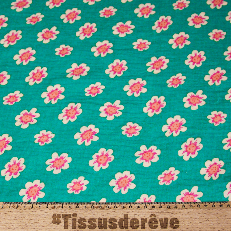 Double gaze 100% coton - Fleurs de cerisier fond vert