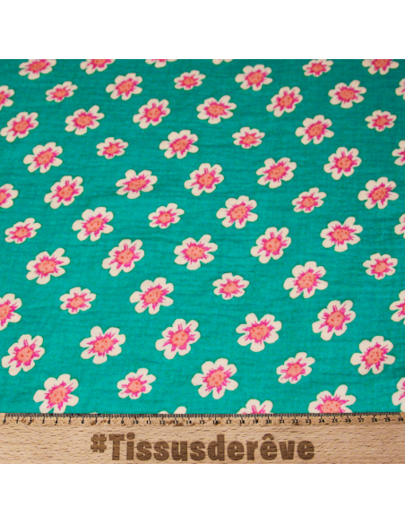 Double gaze 100% coton - Fleurs de cerisier fond vert