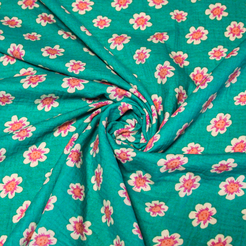 Double gaze 100% coton - Fleurs de cerisier fond vert