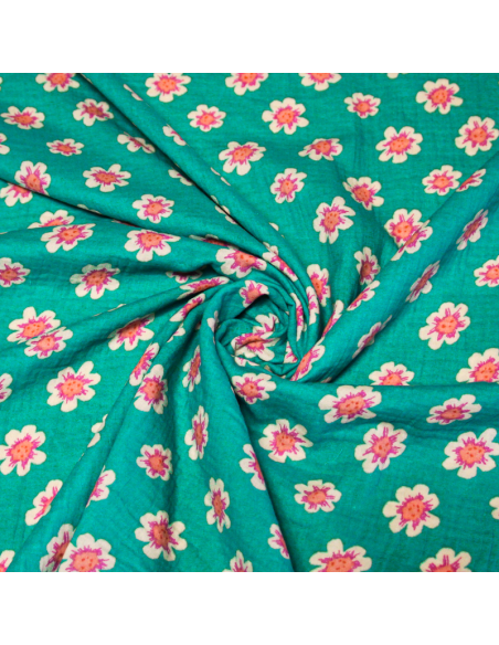 Double gaze 100% coton - Fleurs de cerisier fond vert