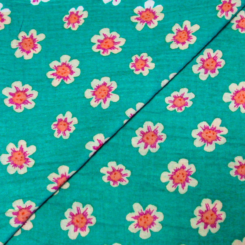 Double gaze 100% coton - Fleurs de cerisier fond vert