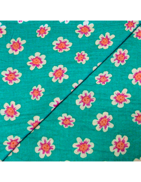 Double gaze 100% coton - Fleurs de cerisier fond vert