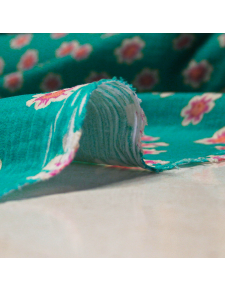Double gaze 100% coton - Fleurs de cerisier fond vert