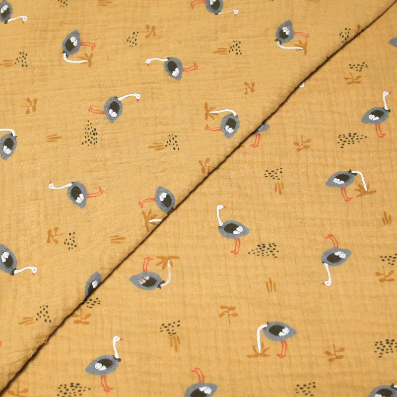 Double gaze 100% coton - Autruches fond moutarde